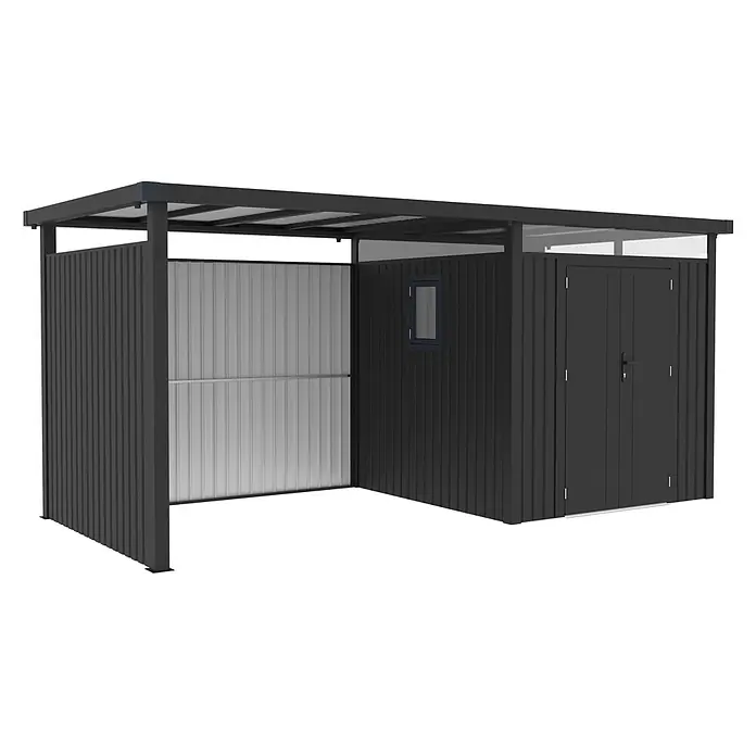 StarLine Metall Gerätehaus Style 4,45 m² Spar-Set 2 Anthrazit - Außenbreite inkl. Dachüberstand: 496 cm, Außentiefe inkl. Dachüberstand: 230 cm, Metall, Anthrazit - Dunkelgrauer Metallschuppen mit integriertem offenem Unterstand, Wellblechrückwand, kleinem Fenster und Doppeltüren.