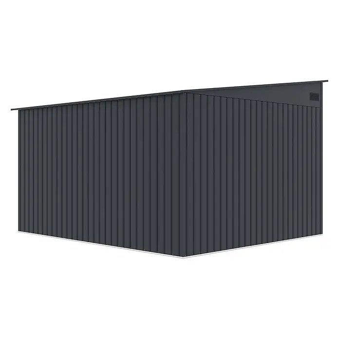 StarLine Metall Gerätehaus Avant 8,96 m² - Außenbreite inkl. Dachüberstand: 279 cm, Außentiefe inkl. Dachüberstand: 321 cm, Metall, Anthrazit - Dunkelgrauer Wellblechschuppen mit Pultdach und Belüftungsöffnung.