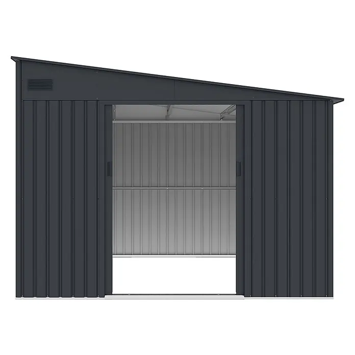 StarLine Metall Gerätehaus Avant 8,96 m² - Außenbreite inkl. Dachüberstand: 279 cm, Außentiefe inkl. Dachüberstand: 321 cm, Metall, Anthrazit - Dunkelgraues Metallgerätehaus mit Pultdach und offener Doppelschiebetür.