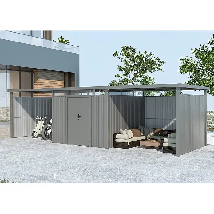 StarLine Metall Gerätehaus Style 7,56 m² Spar-Set-4 Alu Grau - Außenbreite inkl. Dachüberstand: 826 cm, Außentiefe inkl. Dachüberstand: 294 cm, Metall, Aluminium Grau (RAL 9007) - Graues Wellblech-Außenlager mit geschlossenem Stauraum, Roller-Parkplatz und offenem Loungebereich.