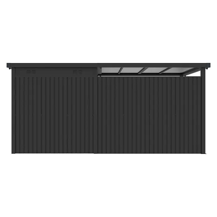 StarLine Metall Gerätehaus Style 4,45 m² Spar-Set 2 Anthrazit - Außenbreite inkl. Dachüberstand: 496 cm, Außentiefe inkl. Dachüberstand: 230 cm, Metall, Anthrazit - Dunkelgrauer Metall-Geräteschuppen mit Wellblech-Seitenwänden und teilweise sichtbarem Dach.