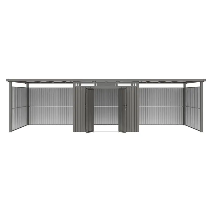 StarLine Metall Gerätehaus Style 7,56 m² Spar-Set-4 Alu Grau - Außenbreite inkl. Dachüberstand: 826 cm, Außentiefe inkl. Dachüberstand: 294 cm, Metall, Aluminium Grau (RAL 9007) - Grauer Metallunterstand mit Wellblechpaneelen und geöffneten Doppeltüren.