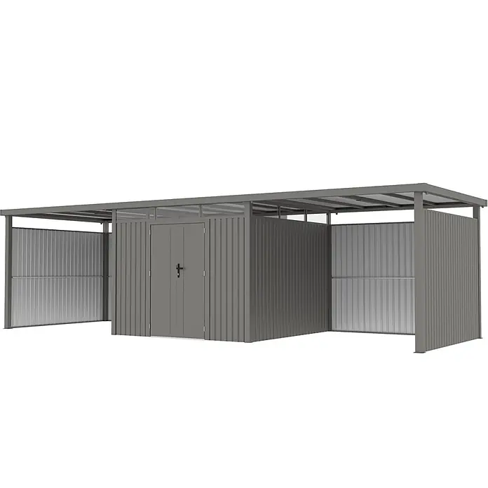 StarLine Metall Gerätehaus Style 7,56 m² Spar-Set-4 Alu Grau - Außenbreite inkl. Dachüberstand: 826 cm, Außentiefe inkl. Dachüberstand: 294 cm, Metall, Aluminium Grau (RAL 9007) - Graues Metall-Gartenhaus mit integrierten Seiten-Anbauten.