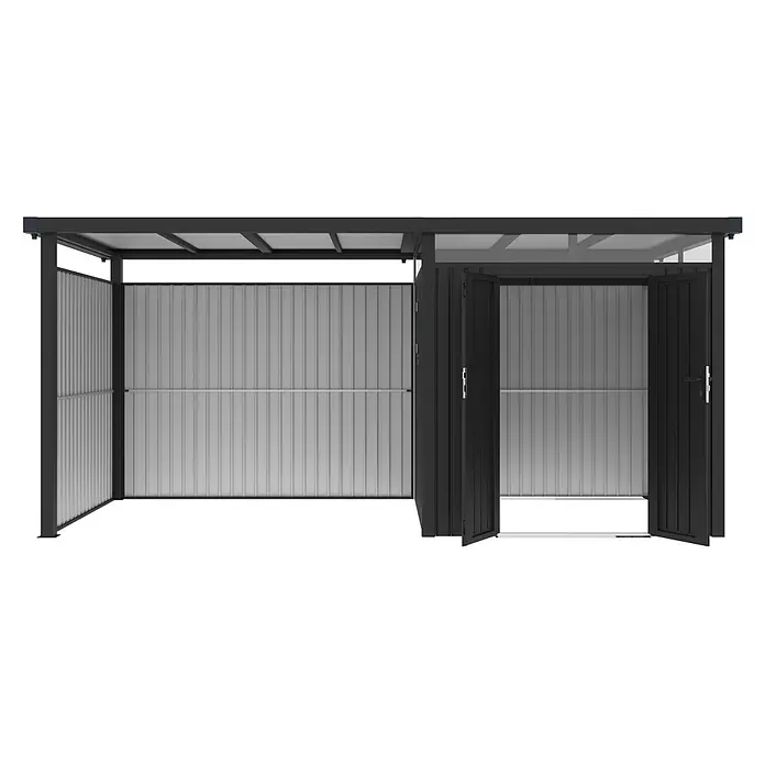 StarLine Metall Gerätehaus Style 4,45 m² Spar-Set 2 Anthrazit - Außenbreite inkl. Dachüberstand: 496 cm, Außentiefe inkl. Dachüberstand: 230 cm, Metall, Anthrazit - Dunkelgrauer Metallschuppen mit offenen Doppeltüren und anliegender offener Überdachungsstruktur, mit Wellblechwänden.