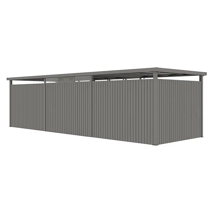 StarLine Metall Gerätehaus Style 7,56 m² Spar-Set-4 Alu Grau - Außenbreite inkl. Dachüberstand: 826 cm, Außentiefe inkl. Dachüberstand: 294 cm, Metall, Aluminium Grau (RAL 9007) - Graues modulares Außenlager aus Wellblech mit Flachdach und Belüftungselementen.