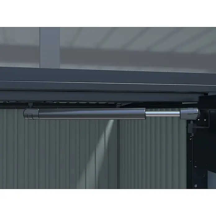 StarLine Metall Gerätehaus SU-PS1015TW - Außenbreite inkl. Dachüberstand: 452 cm, Außentiefe inkl. Dachüberstand: 307 cm, Metall, Anthrazit - Dunkelgraue Gasfeder mit silberner Stange, horizontal an einem schwarzen Rahmen befestigt.