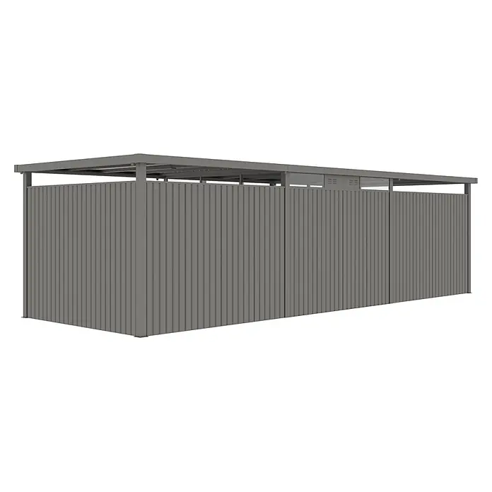 StarLine Metall Gerätehaus Style 7,56 m² Spar-Set-4 Alu Grau - Außenbreite inkl. Dachüberstand: 826 cm, Außentiefe inkl. Dachüberstand: 294 cm, Metall, Aluminium Grau (RAL 9007) - Graues Wellblech-Außenunterstand mit Flachdach und oberen lichtdurchlässigen Paneelen.
