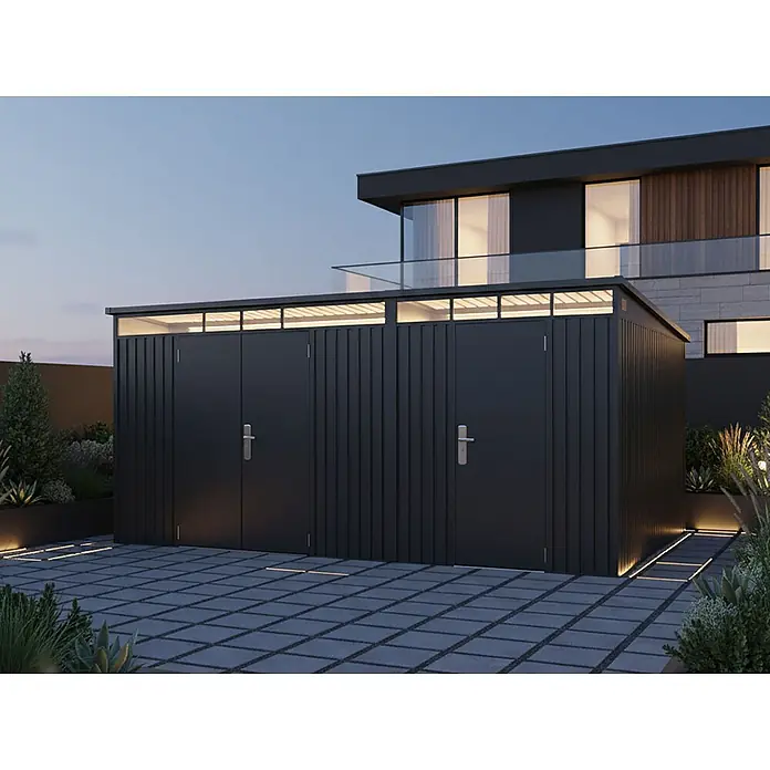 StarLine Metall Gerätehaus SU-PS1015TW - Außenbreite inkl. Dachüberstand: 452 cm, Außentiefe inkl. Dachüberstand: 307 cm, Metall, Anthrazit - Dunkelgraues, modernes Gartenhaus mit lichtdurchlässigem Dach und Doppeltüren, in eine zeitgenössische Außenanlage integriert.