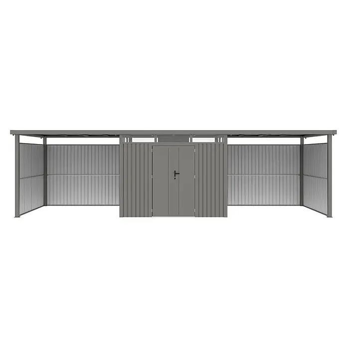 StarLine Metall Gerätehaus Style 7,56 m² Spar-Set-4 Alu Grau - Außenbreite inkl. Dachüberstand: 826 cm, Außentiefe inkl. Dachüberstand: 294 cm, Metall, Aluminium Grau (RAL 9007) - Grauer Metallschuppen mit Wellblechwänden und einer zentralen Tür.