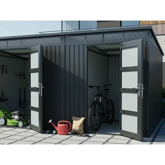 StarLine Metall Gerätehaus SU-PS1015TW - Außenbreite inkl. Dachüberstand: 452 cm, Außentiefe inkl. Dachüberstand: 307 cm, Metall, Anthrazit - Anthrazitfarbener Metallschuppen mit zwei offenen Fächern für Gartenwerkzeuge, Rasenmäher und Fahrrad.
