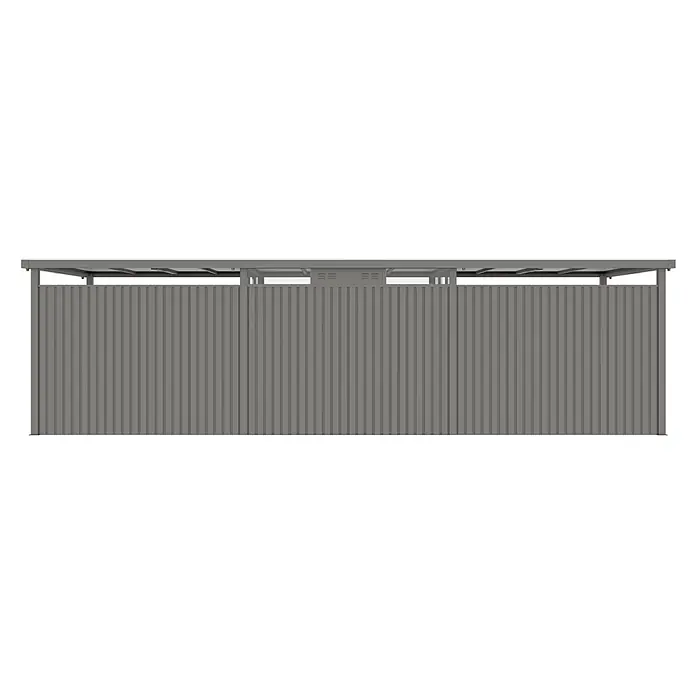 StarLine Metall Gerätehaus Style 7,56 m² Spar-Set-4 Alu Grau - Außenbreite inkl. Dachüberstand: 826 cm, Außentiefe inkl. Dachüberstand: 294 cm, Metall, Aluminium Grau (RAL 9007) - Grauer Wellblech-Geräteschuppen mit Flachdach und Belüftung.