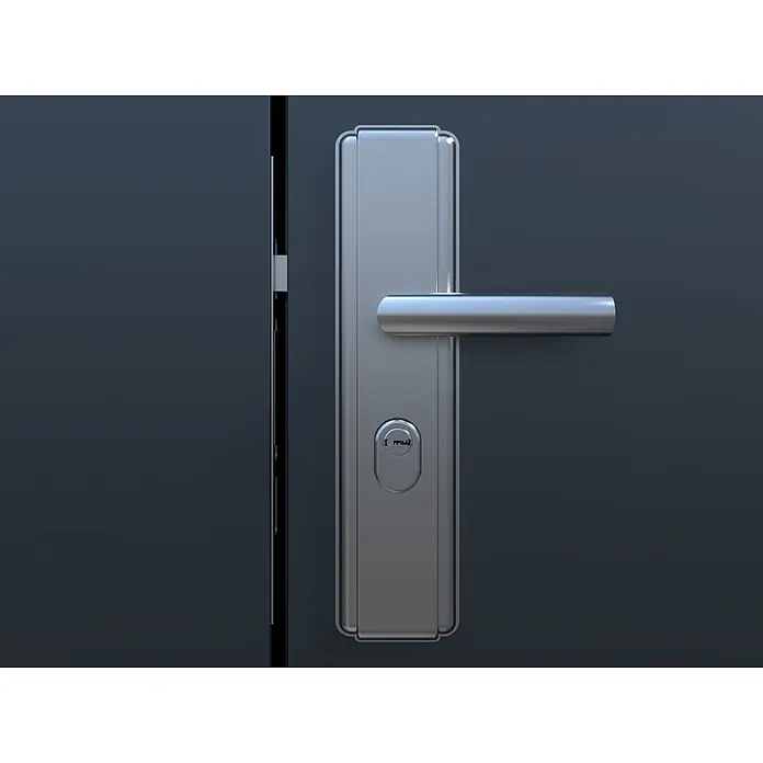 StarLine Metall Gerätehaus SU-PS1015TW - Außenbreite inkl. Dachüberstand: 452 cm, Außentiefe inkl. Dachüberstand: 307 cm, Metall, Anthrazit - Moderner silberfarbener Türgriff mit integriertem Schloss an einer dunklen Tür.