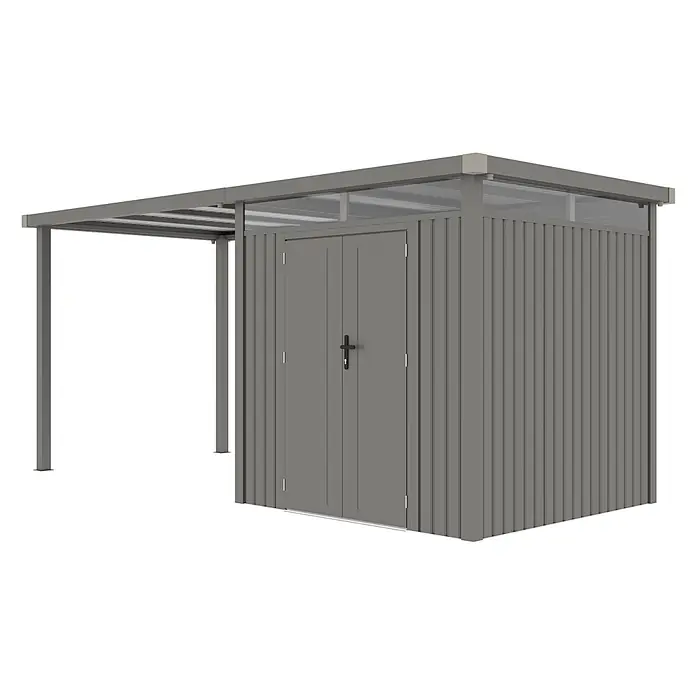 StarLine Metall Gerätehaus Style 4,45 m² Spar-Set 1 Alu Grau - Außenbreite inkl. Dachüberstand: 496 cm, Außentiefe inkl. Dachüberstand: 230 cm, Metall, Aluminium Grau (RAL 9007) - Grauer Metallschuppen mit angebautem Vordach.