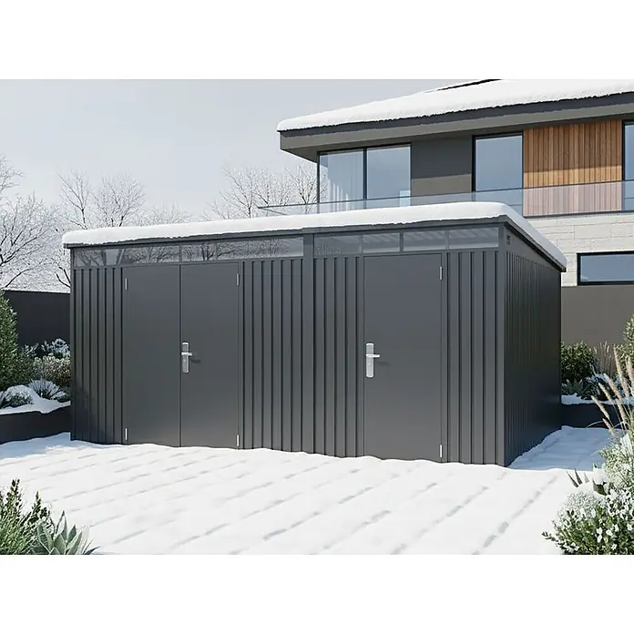StarLine Metall Gerätehaus SU-PS1015TW - Außenbreite inkl. Dachüberstand: 452 cm, Außentiefe inkl. Dachüberstand: 307 cm, Metall, Anthrazit - Dunkelgrauer, gerippter Gartenschuppen mit zwei Doppeltüren, in verschneiter Umgebung neben modernem Haus.
