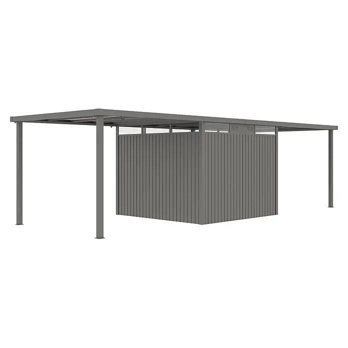 StarLine Metall Gerätehaus Style 7,56 m² Spar-Set-3 Alu Grau - Außenbreite inkl. Dachüberstand: 826 cm, Außentiefe inkl. Dachüberstand: 294 cm, Metall, Aluminium Grau (RAL 9007) - Grauer modularer Unterstand mit Flachdach, mit einem zentralen geschlossenen Bereich mit vertikalen Paneelen und oberen Lüftungsgittern.