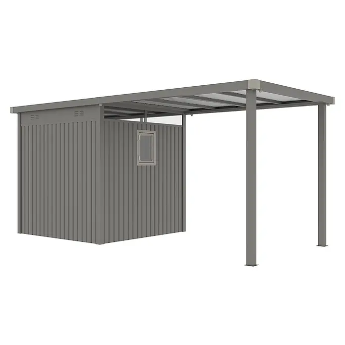 StarLine Metall Gerätehaus Style 4,45 m² Spar-Set 1 Alu Grau - Außenbreite inkl. Dachüberstand: 496 cm, Außentiefe inkl. Dachüberstand: 230 cm, Metall, Aluminium Grau (RAL 9007) - Grauer Metallschuppen mit gerippten Wänden, kleinem Fenster, Lüftung und angebautem Carport/Vordach.