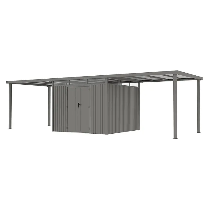StarLine Metall Gerätehaus Style 7,56 m² Spar-Set-3 Alu Grau - Außenbreite inkl. Dachüberstand: 826 cm, Außentiefe inkl. Dachüberstand: 294 cm, Metall, Aluminium Grau (RAL 9007) - Grauer Metallschuppen mit Doppeltüren und integriertem, erweitertem Carport/Vordach auf Pfosten.