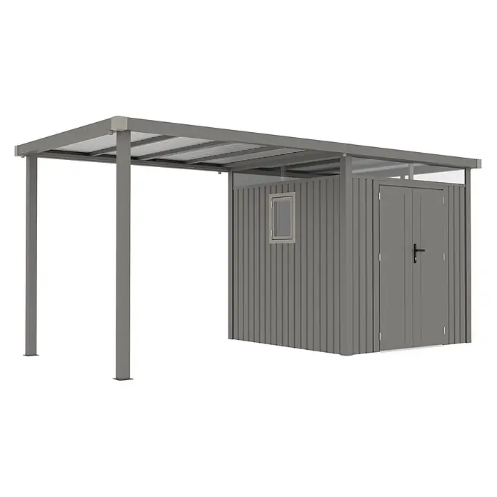 StarLine Metall Gerätehaus Style 4,45 m² Spar-Set 1 Alu Grau - Außenbreite inkl. Dachüberstand: 496 cm, Außentiefe inkl. Dachüberstand: 230 cm, Metall, Aluminium Grau (RAL 9007) - Grauer Metall-Carport mit integriertem Geräteschuppen, Wellblechdach, gerippten Wänden, Fenster und Doppeltüren.