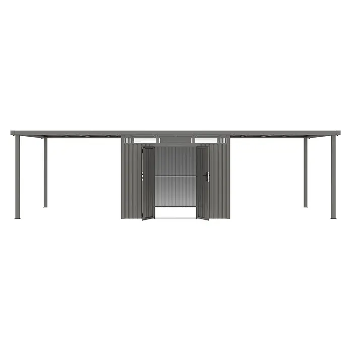 StarLine Metall Gerätehaus Style 7,56 m² Spar-Set-3 Alu Grau - Außenbreite inkl. Dachüberstand: 826 cm, Außentiefe inkl. Dachüberstand: 294 cm, Metall, Aluminium Grau (RAL 9007) - Grauer Metallschuppen mit offenen Türen und auskragendem Vordach.