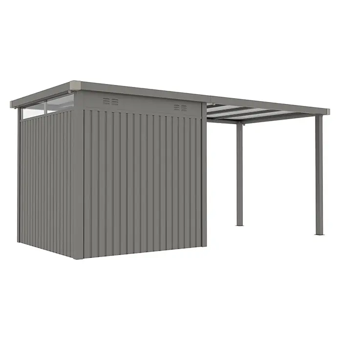 StarLine Metall Gerätehaus Style 4,45 m² Spar-Set 1 Alu Grau - Außenbreite inkl. Dachüberstand: 496 cm, Außentiefe inkl. Dachüberstand: 230 cm, Metall, Aluminium Grau (RAL 9007) - Grauer Metallschuppen mit gerippten Platten und angebrachtem offenem Vordach, mit Oberlicht und Lüftungsschlitzen.