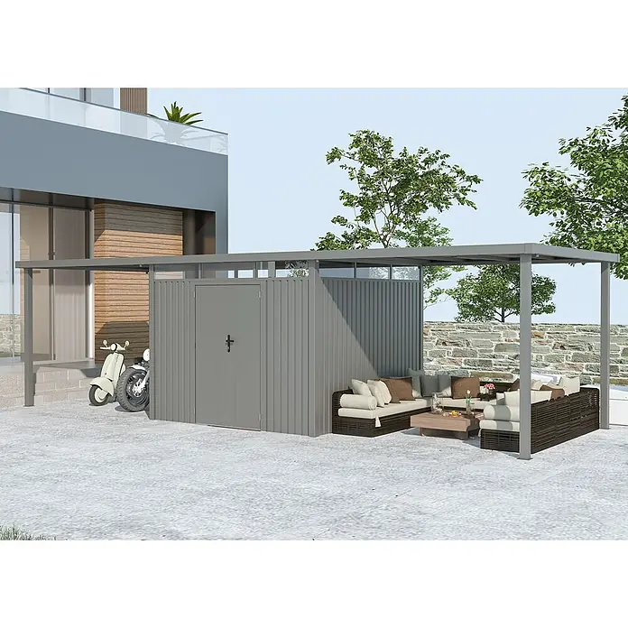 StarLine Metall Gerätehaus Style 7,56 m² Spar-Set-3 Alu Grau - Außenbreite inkl. Dachüberstand: 826 cm, Außentiefe inkl. Dachüberstand: 294 cm, Metall, Aluminium Grau (RAL 9007) - Graues Metall-Gerätehaus mit integriertem Terrassendach, das Roller und Outdoor-Loungemöbel schützt.