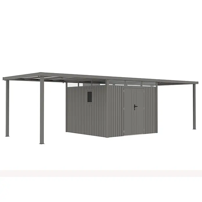 StarLine Metall Gerätehaus Style 7,56 m² Spar-Set-3 Alu Grau - Außenbreite inkl. Dachüberstand: 826 cm, Außentiefe inkl. Dachüberstand: 294 cm, Metall, Aluminium Grau (RAL 9007) - Grauer Metall-Geräteschuppen mit angeschlossenem Carport.