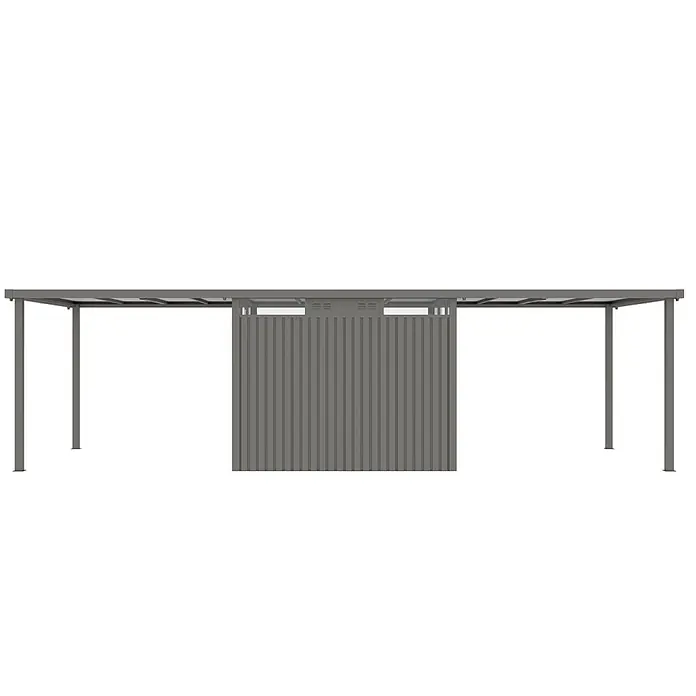 StarLine Metall Gerätehaus Style 7,56 m² Spar-Set-3 Alu Grau - Außenbreite inkl. Dachüberstand: 826 cm, Außentiefe inkl. Dachüberstand: 294 cm, Metall, Aluminium Grau (RAL 9007) - Dunkelgraue Metallpergola mit zentraler Wellwand, ideal für Außenbereiche.