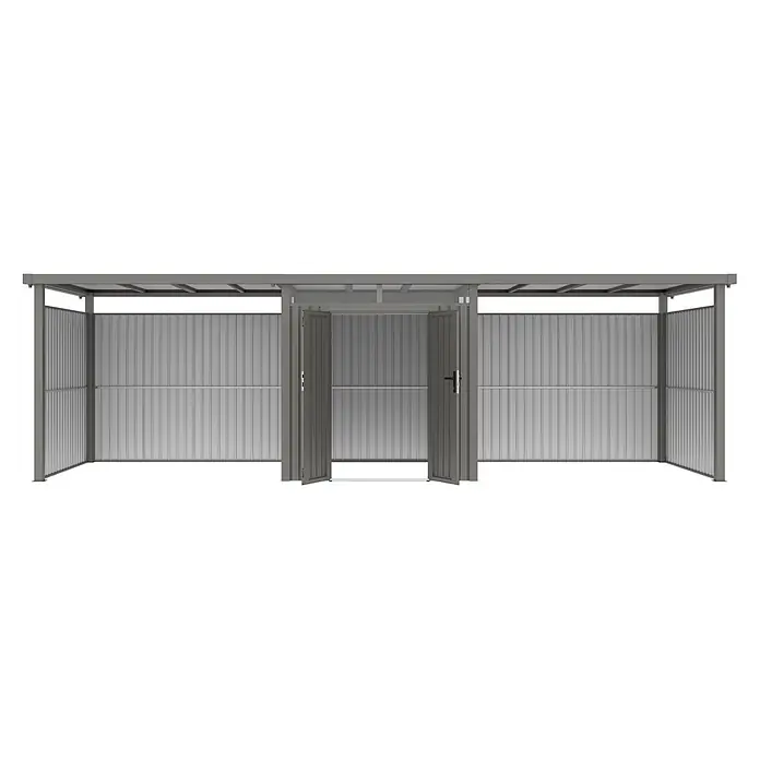 StarLine Metall Gerätehaus Style 4,45 m² Spar-Set 4 Alu Grau - Außenbreite inkl. Dachüberstand: 762 cm, Außentiefe inkl. Dachüberstand: 230 cm, Metall, Aluminium Grau (RAL 9007) - Grauer Wellblech-Lagerschuppen mit geöffneten Doppeltüren.
