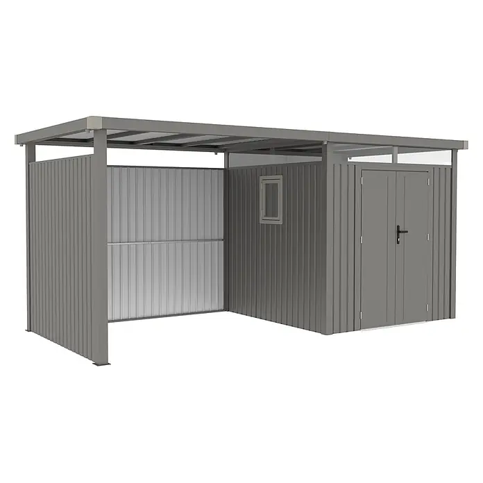 StarLine Metall Gerätehaus Style 4,45 m² Spar-Set 2 Alu Grau - Außenbreite inkl. Dachüberstand: 496 cm, Außentiefe inkl. Dachüberstand: 230 cm, Metall, Aluminium Grau (RAL 9007) - Grauer Metallschuppen mit angebautem Carport für Außenlagerung und Unterstand.
