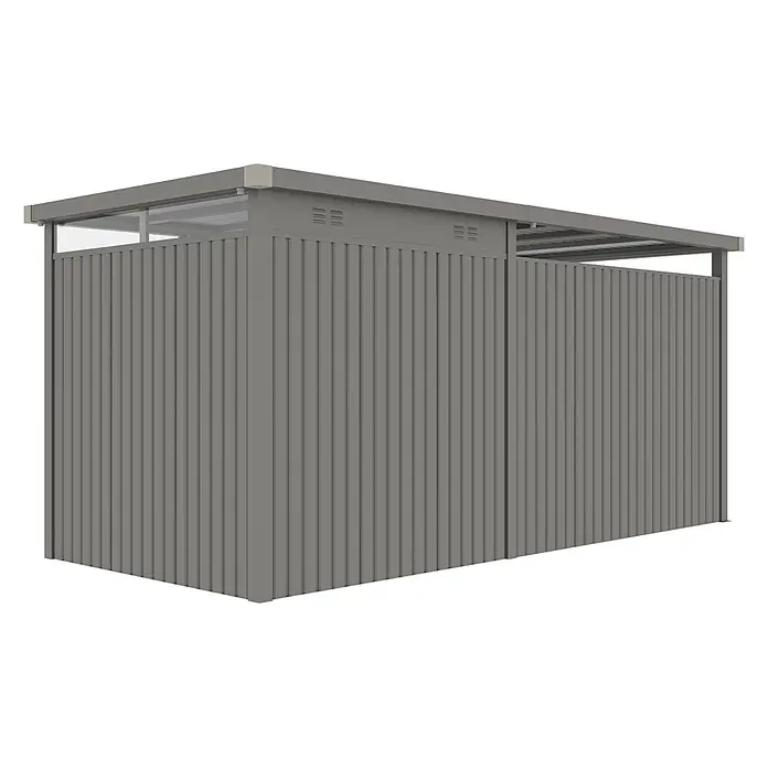 StarLine Metall Gerätehaus Style 4,45 m² Spar-Set 2 Alu Grau - Außenbreite inkl. Dachüberstand: 496 cm, Außentiefe inkl. Dachüberstand: 230 cm, Metall, Aluminium Grau (RAL 9007) - Graues Wellblech-Lagerschuppen mit Schrägdach, transparenten Oberteilen und Lüftungsschlitzen.