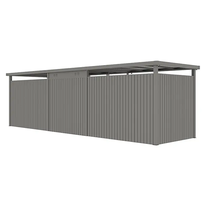 StarLine Metall Gerätehaus Style 4,45 m² Spar-Set 4 Alu Grau - Außenbreite inkl. Dachüberstand: 762 cm, Außentiefe inkl. Dachüberstand: 230 cm, Metall, Aluminium Grau (RAL 9007) - Grauer Wellblech-Außenlagerraum mit Flachdach und Belüftungsdetails.