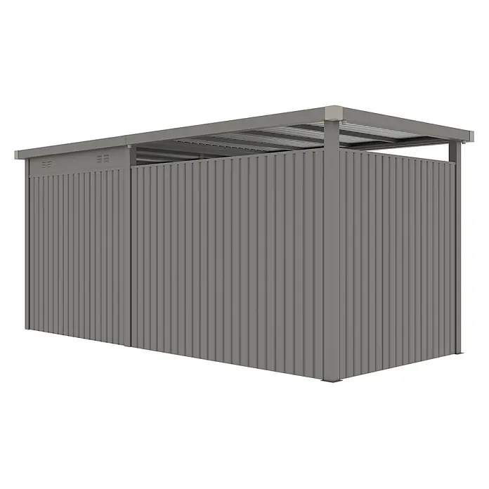 StarLine Metall Gerätehaus Style 4,45 m² Spar-Set 2 Alu Grau - Außenbreite inkl. Dachüberstand: 496 cm, Außentiefe inkl. Dachüberstand: 230 cm, Metall, Aluminium Grau (RAL 9007) - Grauer Metallschuppen mit Wellblech-Seitenwänden und offenem Lamellendach.