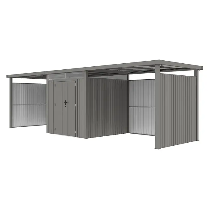 StarLine Metall Gerätehaus Style 4,45 m² Spar-Set 4 Alu Grau - Außenbreite inkl. Dachüberstand: 762 cm, Außentiefe inkl. Dachüberstand: 230 cm, Metall, Aluminium Grau (RAL 9007) - Graues Metallgerätehaus mit integriertem offenem Anbau für Lagerung und Unterstand im Freien.