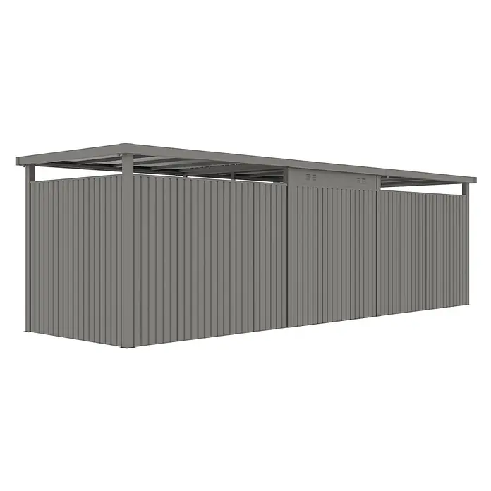 StarLine Metall Gerätehaus Style 4,45 m² Spar-Set 4 Alu Grau - Außenbreite inkl. Dachüberstand: 762 cm, Außentiefe inkl. Dachüberstand: 230 cm, Metall, Aluminium Grau (RAL 9007) - Grauer Wellblech-Mehrzweckunterstand mit Flachdach, ideal für Lagerung oder Abfallbehälter.