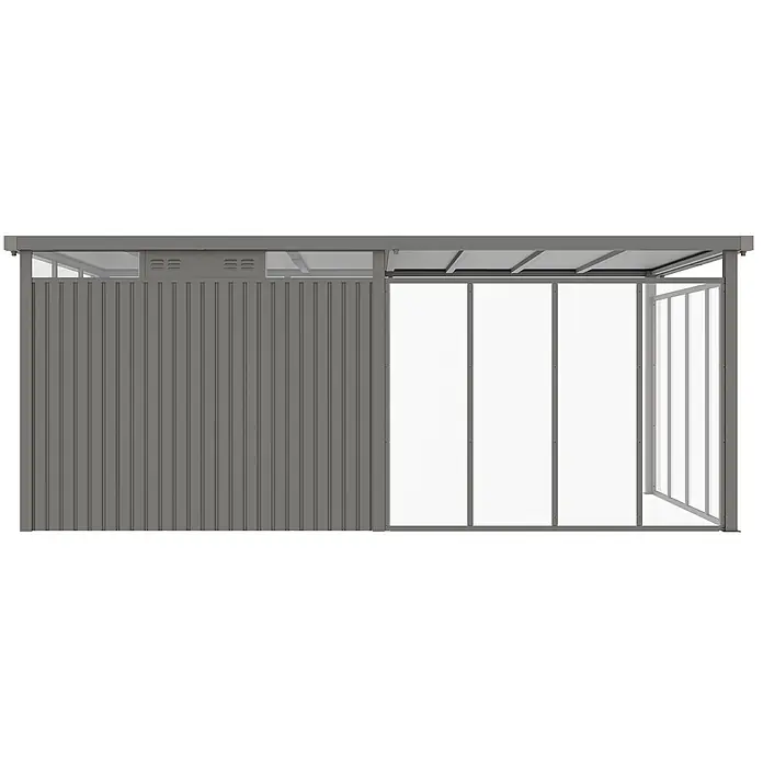 StarLine Metall Gerätehaus Style 7,56 m² Spar-Set-5 Alu Grau - Außenbreite inkl. Dachüberstand: 560 cm, Außentiefe inkl. Dachüberstand: 294 cm, Metall, Aluminium Grau (RAL 9007) - Grauer Anbau-Schuppen mit Wellblech und lichtdurchlässigen Paneelen, mit offener Seitentür.