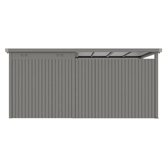 StarLine Metall Gerätehaus Style 4,45 m² Spar-Set 2 Alu Grau - Außenbreite inkl. Dachüberstand: 496 cm, Außentiefe inkl. Dachüberstand: 230 cm, Metall, Aluminium Grau (RAL 9007) - Graue Metall-Abstellbox mit Wellblechwänden und Dachabschnitt.