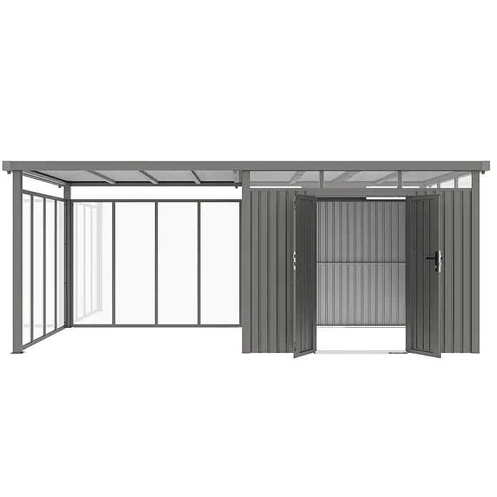 StarLine Metall Gerätehaus Style 7,56 m² Spar-Set-5 Alu Grau - Außenbreite inkl. Dachüberstand: 560 cm, Außentiefe inkl. Dachüberstand: 294 cm, Metall, Aluminium Grau (RAL 9007) - Graues Metall-Anlehn-Carport mit durchscheinendem Dach und Seitenwänden, inklusive Wellblech-Geräteschuppen mit offenen Doppeltüren.