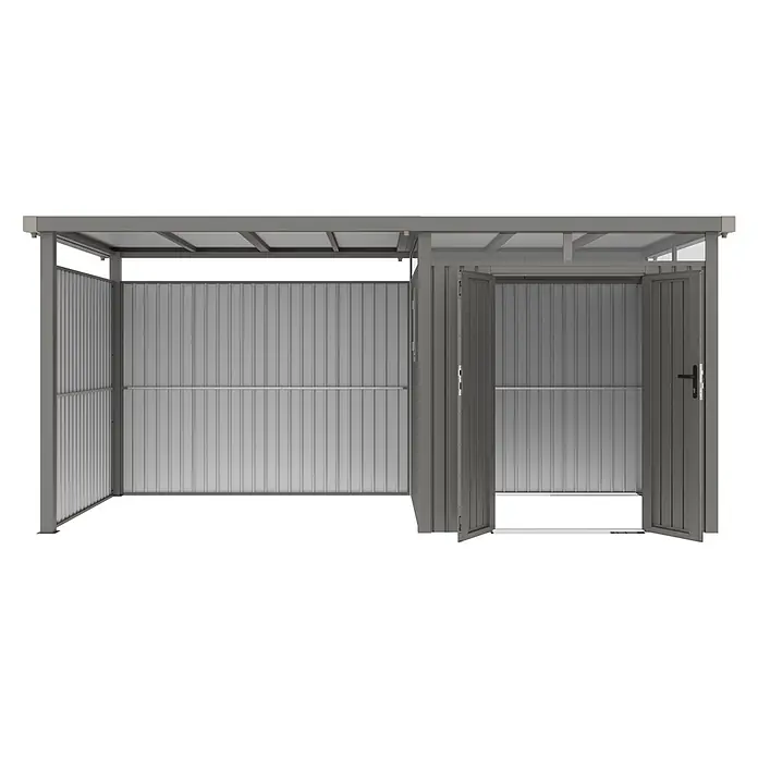 StarLine Metall Gerätehaus Style 4,45 m² Spar-Set 2 Alu Grau - Außenbreite inkl. Dachüberstand: 496 cm, Außentiefe inkl. Dachüberstand: 230 cm, Metall, Aluminium Grau (RAL 9007) - Grauer Metall-Geräteschuppen mit Wellblechwänden, offenem Bereich und einem Schrank mit offener Tür.