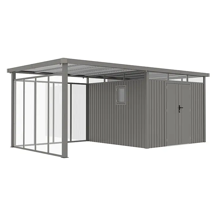 StarLine Metall Gerätehaus Style 7,56 m² Spar-Set-5 Alu Grau - Außenbreite inkl. Dachüberstand: 560 cm, Außentiefe inkl. Dachüberstand: 294 cm, Metall, Aluminium Grau (RAL 9007) - Grauer Metall-Gartenschuppen mit angebautem offenem Carport und transluzenten Paneelen.