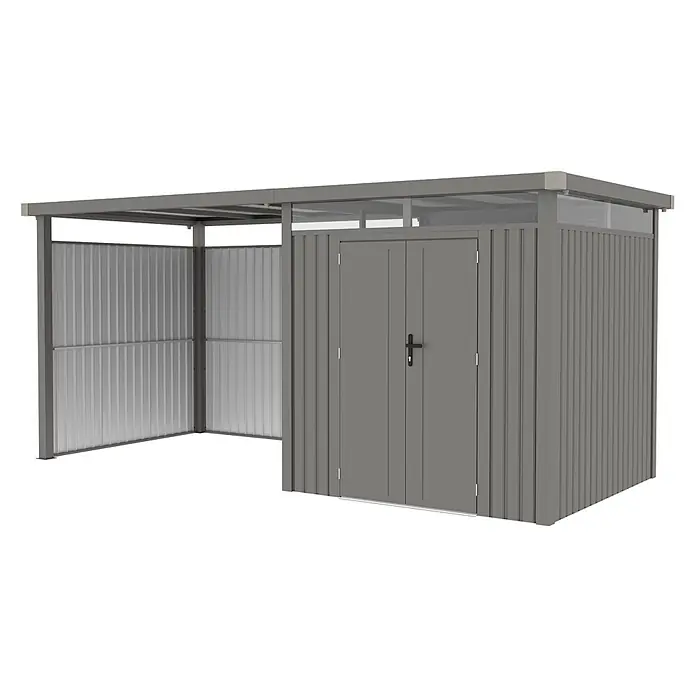 StarLine Metall Gerätehaus Style 4,45 m² Spar-Set 2 Alu Grau - Außenbreite inkl. Dachüberstand: 496 cm, Außentiefe inkl. Dachüberstand: 230 cm, Metall, Aluminium Grau (RAL 9007) - Graues Metall-Gartenhaus mit integriertem offenem Anbau für Lagerung und Unterstand.