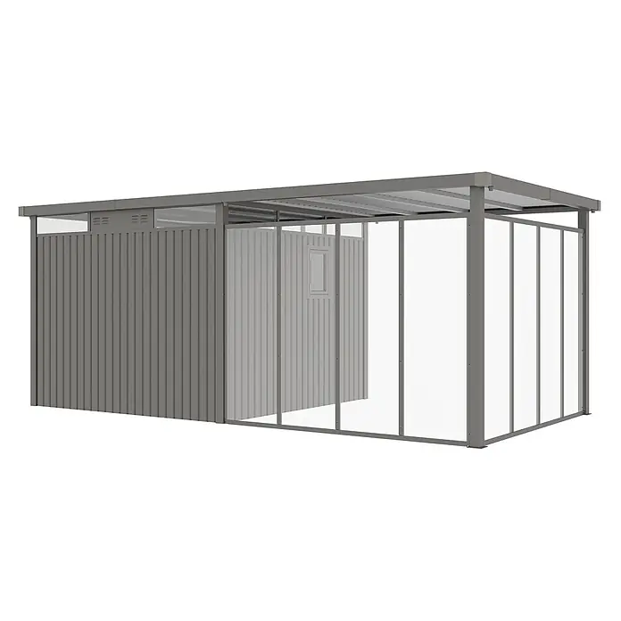 StarLine Metall Gerätehaus Style 7,56 m² Spar-Set-5 Alu Grau - Außenbreite inkl. Dachüberstand: 560 cm, Außentiefe inkl. Dachüberstand: 294 cm, Metall, Aluminium Grau (RAL 9007) - Grauer Metallschuppen mit Wellblechwänden und transparenten Polycarbonat-Seitenwänden und -Dach, inklusive Fenster.