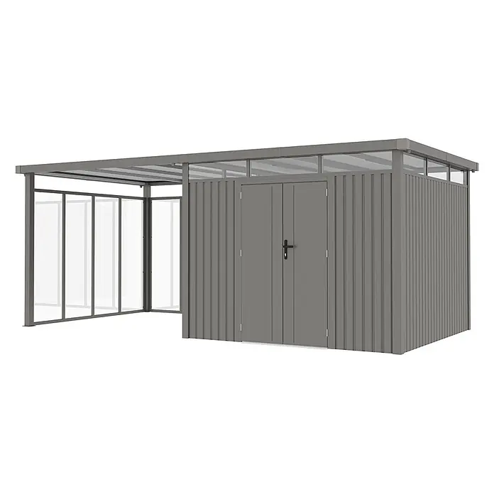 StarLine Metall Gerätehaus Style 7,56 m² Spar-Set-5 Alu Grau - Außenbreite inkl. Dachüberstand: 560 cm, Außentiefe inkl. Dachüberstand: 294 cm, Metall, Aluminium Grau (RAL 9007) - Grauer Metallschuppen mit Doppeltüren und einem integrierten offenen Anbau-Carport.