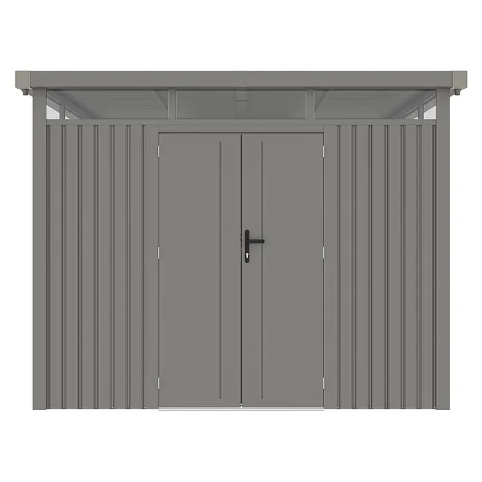 StarLine Metall Gerätehaus Style 7,56 m² Aluminium Grau - Außenbreite inkl. Dachüberstand: 294 cm, Außentiefe inkl. Dachüberstand: 294 cm, Metall, Aluminium Grau (RAL 9007) - Grauer Geräteschuppen aus Metall mit Doppeltüren und transparenten Dachelementen.