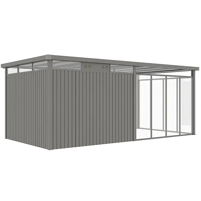 StarLine Metall Gerätehaus Style 7,56 m² Spar-Set-5 Alu Grau - Außenbreite inkl. Dachüberstand: 560 cm, Außentiefe inkl. Dachüberstand: 294 cm, Metall, Aluminium Grau (RAL 9007) - Grauer Metall-Geräteschuppen mit Flachdach und lichtdurchlässigen Frontplatten.