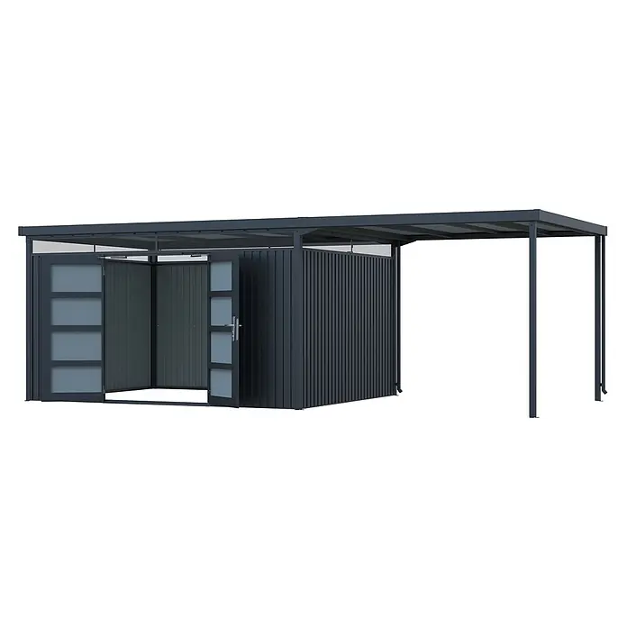 StarLine Metall Gerätehaus Solidum 19,60 m² - Außenbreite inkl. Dachüberstand: 668 cm, Außentiefe inkl. Dachüberstand: 314 cm, Metall, Anthrazit RAL 7016 - Anthrazitfarbener Metallschuppen mit offenen Türen und transparenten Paneelen sowie einem angebauten, von Pfosten getragenen Carport.