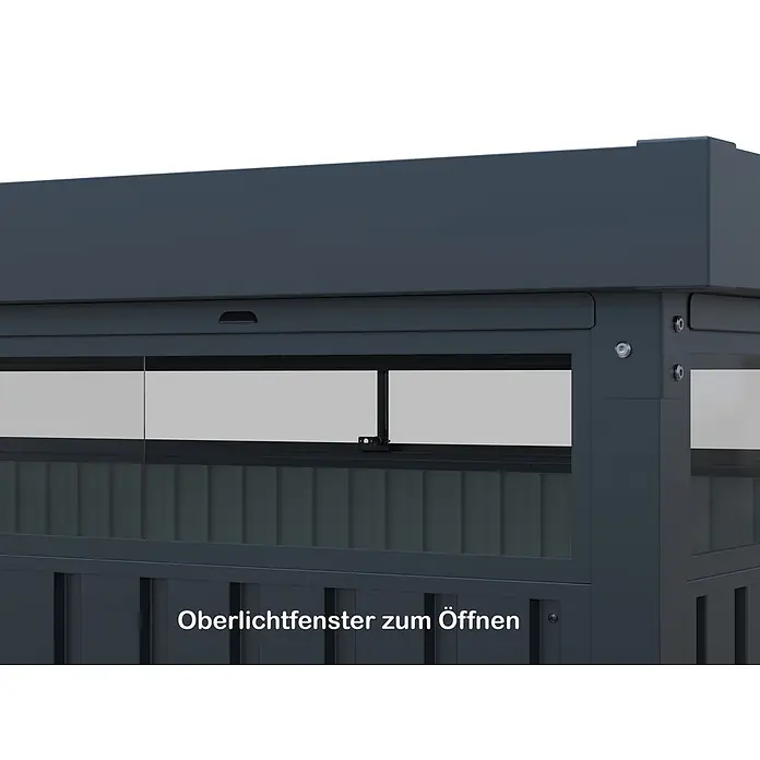 StarLine Metall Gerätehaus Solidum 11,4 m² - Außenbreite inkl. Dachüberstand: 394 cm, Außentiefe inkl. Dachüberstand: 314 cm, Metall, Anthrazit RAL 7016 - Dunkelgraues Gartenhaus mit aufklappbarem Oberlichtfenster.