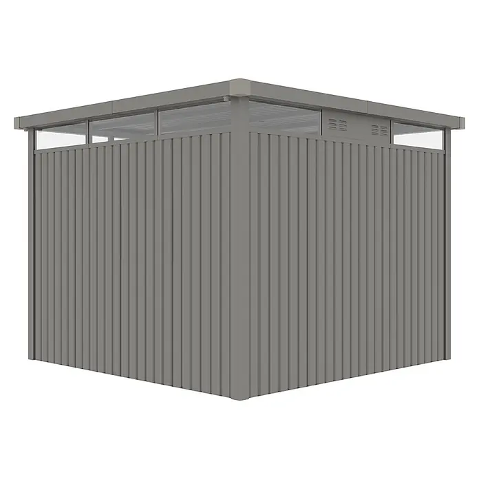 StarLine Metall Gerätehaus Style 7,56 m² Aluminium Grau - Außenbreite inkl. Dachüberstand: 294 cm, Außentiefe inkl. Dachüberstand: 294 cm, Metall, Aluminium Grau (RAL 9007) - Grauer Wellblech-Geräteschuppen mit oberen Fenstern/Lüftungsschlitzen und Flachdach.