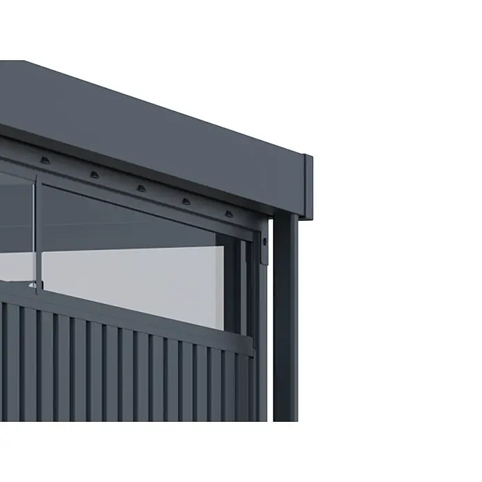 StarLine Metall Gerätehaus Solidum 11,4 m² - Außenbreite inkl. Dachüberstand: 394 cm, Außentiefe inkl. Dachüberstand: 314 cm, Metall, Anthrazit RAL 7016 - Dunkelgraues Aluminium-Pergolaseitenteil mit integriertem Glasfenster und vertikalen Lamellen.