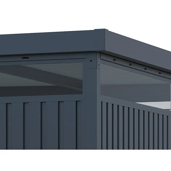 StarLine Metall Gerätehaus Solidum 11,4 m² - Außenbreite inkl. Dachüberstand: 394 cm, Außentiefe inkl. Dachüberstand: 314 cm, Metall, Anthrazit RAL 7016 - Dunkelgraue Aluminium-Pergola mit lichtdurchlässigen Dach- und Seitenfensterpaneelen sowie vertikalen Lamellenwänden.