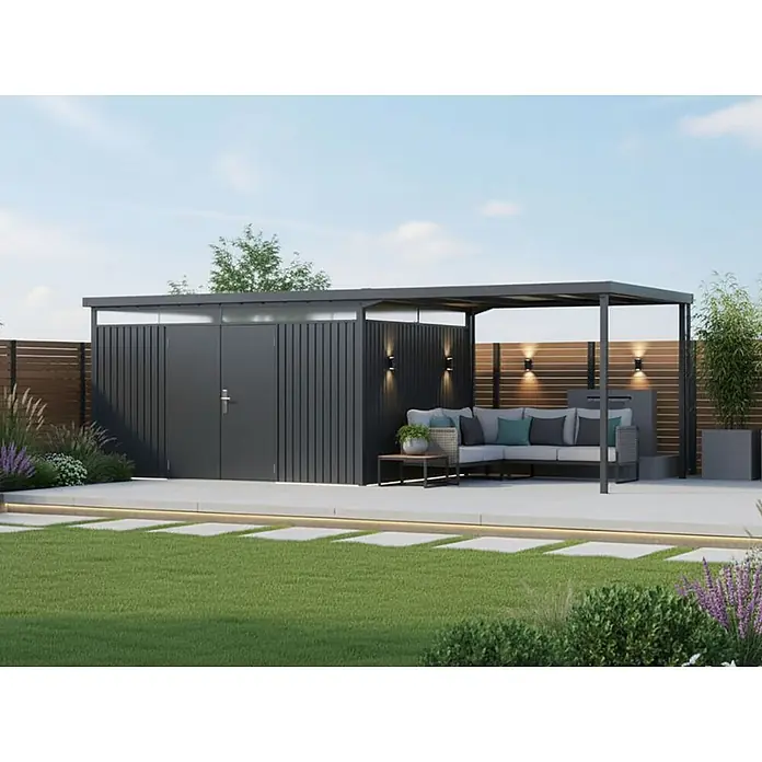 StarLine Metall Gerätehaus Solidum 19,60 m² - Außenbreite inkl. Dachüberstand: 668 cm, Außentiefe inkl. Dachüberstand: 314 cm, Metall, Anthrazit RAL 7016 - Moderner dunkelgrauer Geräteschuppen mit integrierter Pergola und Sitzbereich im Freien. Bietet Stauraum und einen stilvollen Entspannungsbereich.